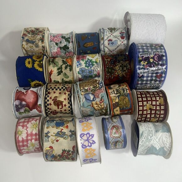 Lot of 20 Rolls Vtg Fabric Ribbon Novelty Floral Animal Fruit Garden Lace Craft